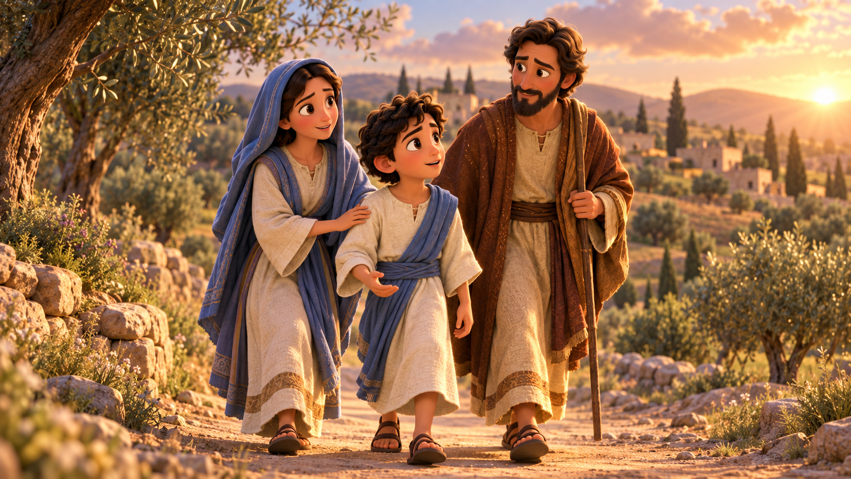 Jesus caminha com Maria e José em direção a Nazaré.